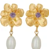 Flower Pearl Drop Earrings in Gold - Violet