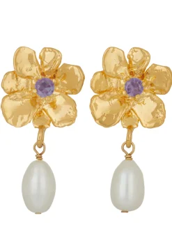 Flower Pearl Drop Earrings in Gold - Violet