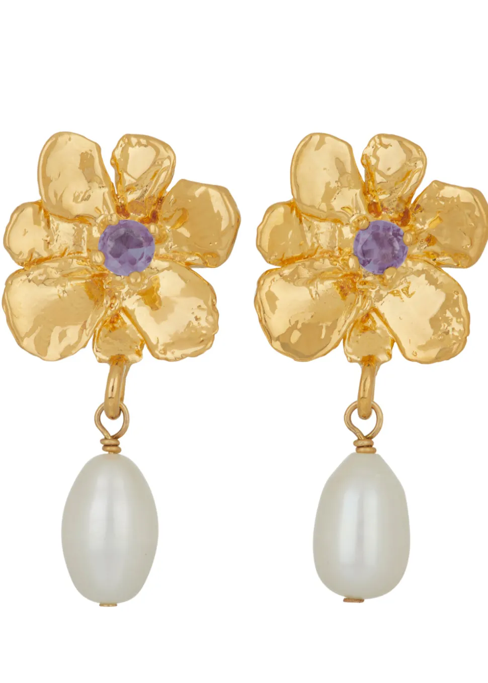 Flower Pearl Drop Earrings in Gold - Violet
