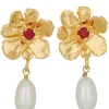 Flower Pearl Drop Earrings in Gold - Red