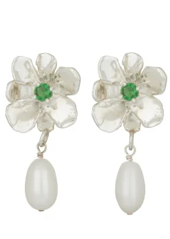 Flower Pearl Drop Earrings in Silver - Lizard