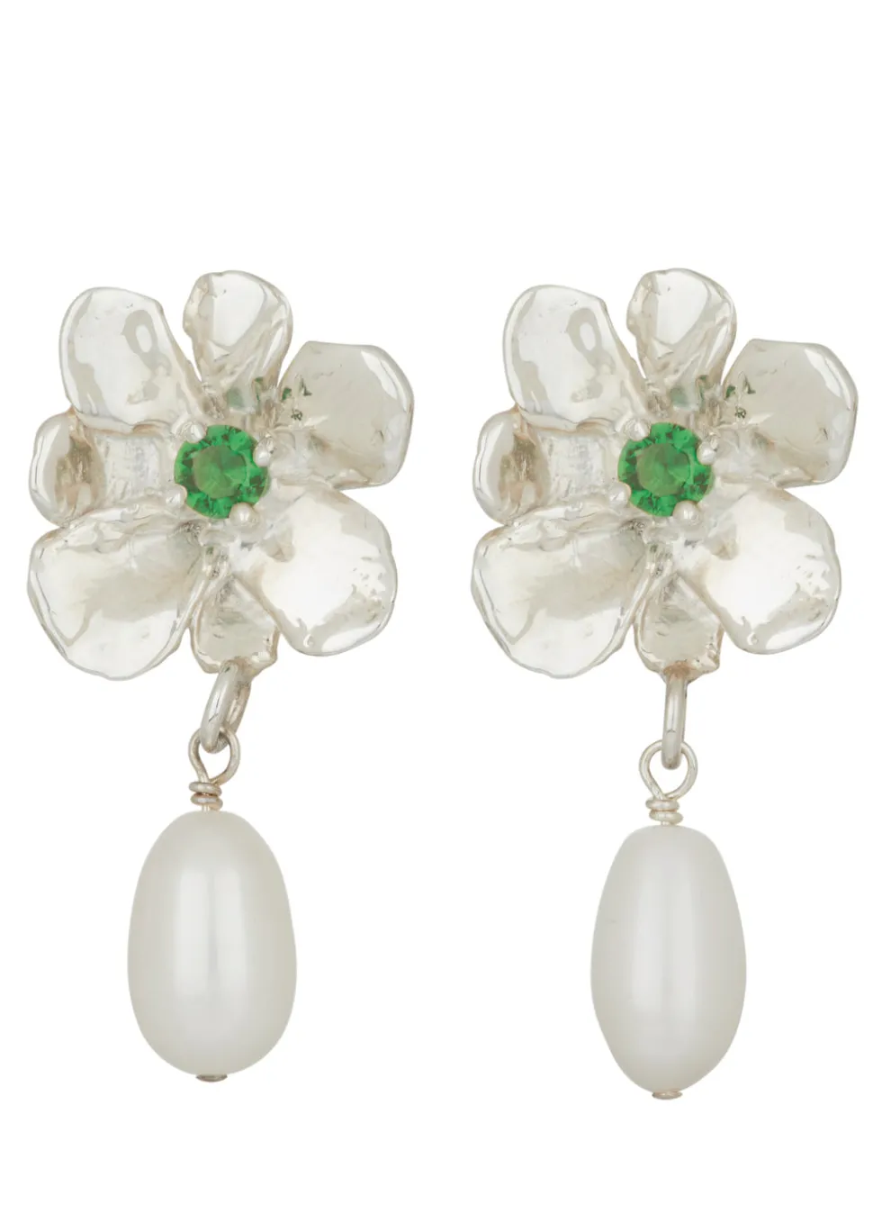Flower Pearl Drop Earrings in Silver - Lizard