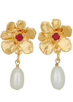 Flower Pearl Drop Earrings in Gold - Red