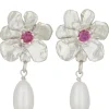Flower Pearl Drop Earrings in Silver - Fuchsia