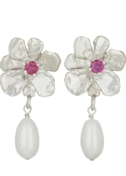 Flower Pearl Drop Earrings in Silver - Fuchsia
