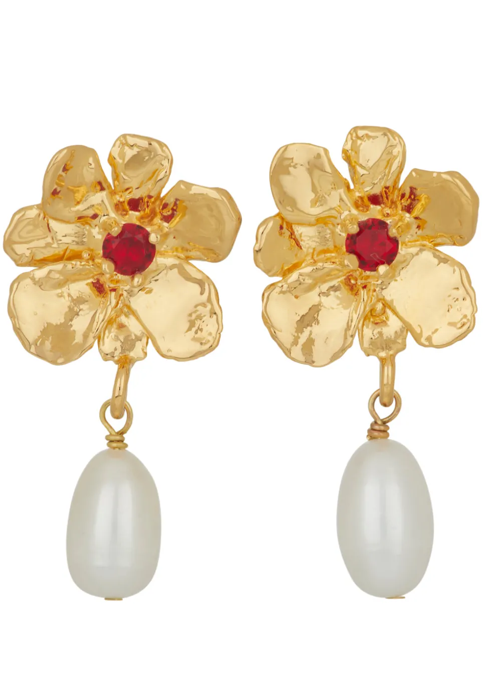Flower Pearl Drop Earrings in Gold - Red