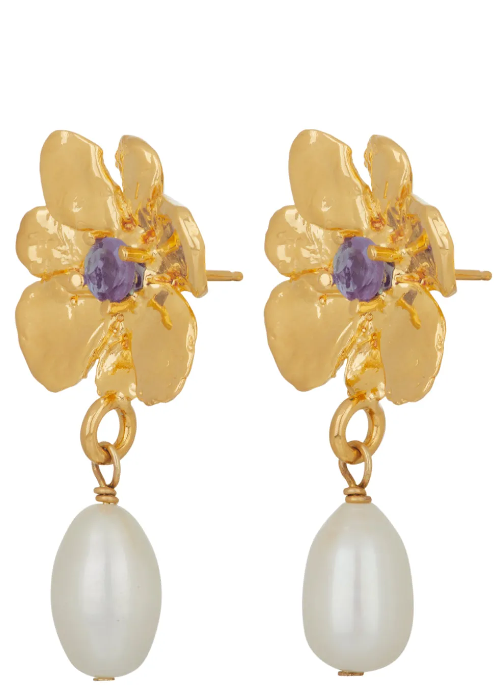 Flower Pearl Drop Earrings in Gold - Violet