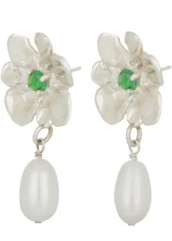 Flower Pearl Drop Earrings in Silver - Lizard