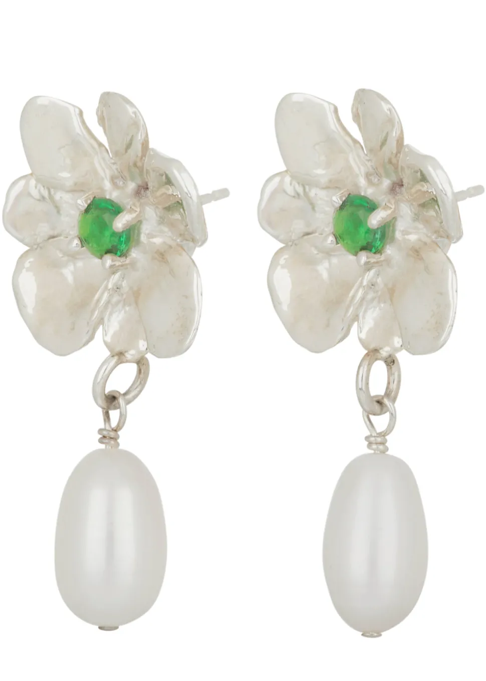 Flower Pearl Drop Earrings in Silver - Lizard