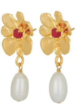 Flower Pearl Drop Earrings in Gold - Red