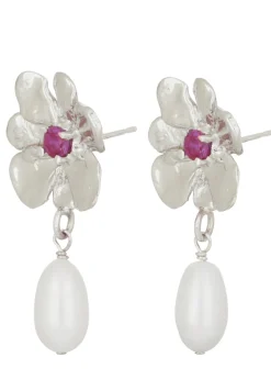 Flower Pearl Drop Earrings in Silver - Fuchsia