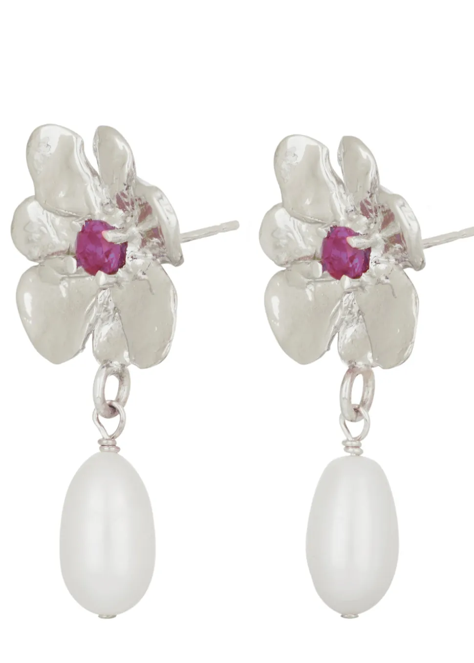 Flower Pearl Drop Earrings in Silver - Fuchsia