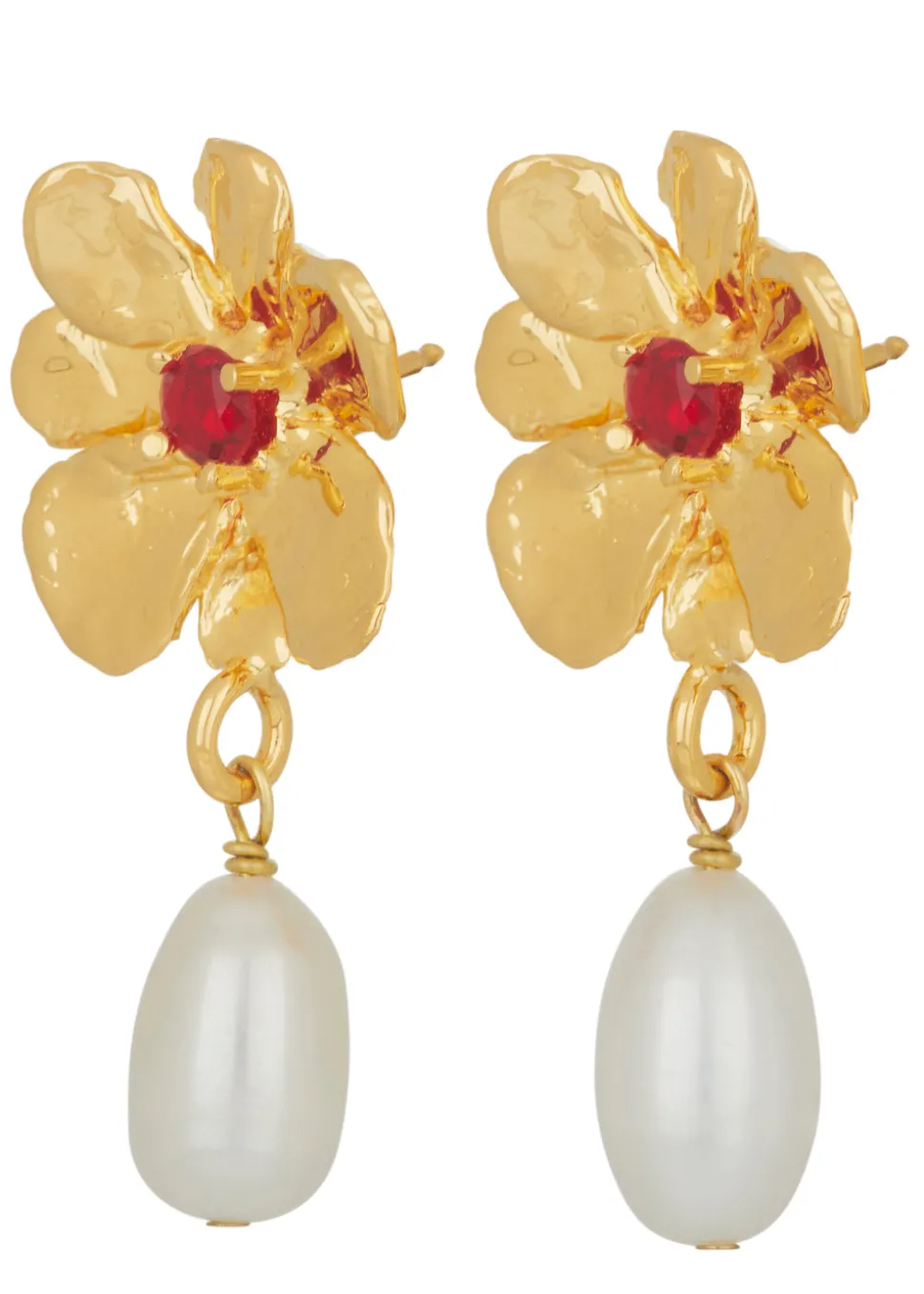 Flower Pearl Drop Earrings in Gold - Red